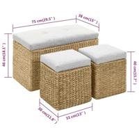 Bankje met 2 poefs zeegras grijs - thumbnail