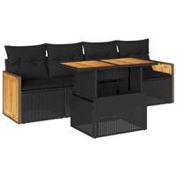 5-delige Loungeset met kussens poly rattan acacia zwart - thumbnail