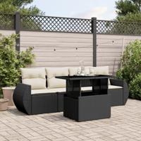 5-delige Loungeset met kussens poly rattan zwart - thumbnail