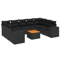 10-delige Loungeset met kussens poly rattan zwart - thumbnail