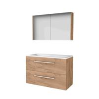 Basic-Line Comfort 46 Badkamermeubelset - 100 x 46 cm - Met Grepen - 2 Lades - Acryl Wastafel - Zonder Kraangat - Spiegelkast - Whisky Oak - thumbnail