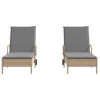 Ligstoelen 2 st met kussens poly rattan beige - thumbnail