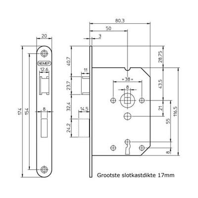 Nemef binnendeurslot - 1266/4 - klaviersleutel - DM 50 mm - staal gelakt - L/R
