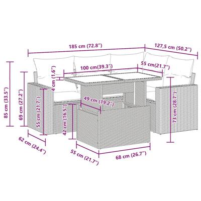 5-delige Loungeset met kussens poly rattan lichtgrijs