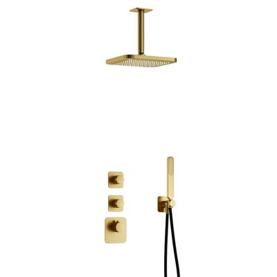 Hotbath Gal - Inbouw Regendoucheset - Geborsteld Messing PVD - 2 Stopkranen - Thermostatisch - Plafondbuis 15 cm - Hoofddouche 220 mm - Staafhanddouche - V01