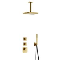 Hotbath Gal - Inbouw Regendoucheset - Geborsteld Messing PVD - 2 Stopkranen - Thermostatisch - Plafondbuis 15 cm - Hoofddouche 220 mm - Staafhanddouche - V01 - thumbnail