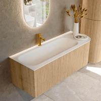 Mondiaz KURVE 125 cm Onderkast Greeploos 1 Lade Met Deuren Oak, Wastafel Solid Surface Links Talc 1 Kraangat Zonder Spiegel (KRVBGM125R1L1D1KL-Oak/Tal) - thumbnail