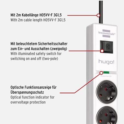 Brennenstuhl Hugo 19.500A Stekkerdoos met Overspanningsbeveiliging 4-voudig 2m H05VV-F 3G1,5 1150610324