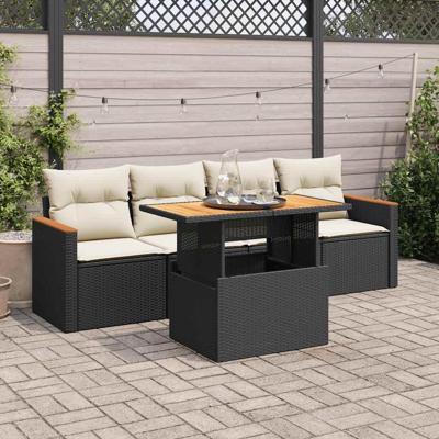 5-delige Loungeset met kussens poly rattan acacia zwart