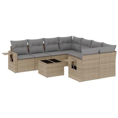 9-delige Loungeset met kussens poly rattan beige