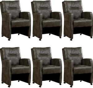 Set van 6 Donkergrijze leren landelijke eetkamerfauteuils Sharp - Kenia Leer Antracite (donkergrijs leer)