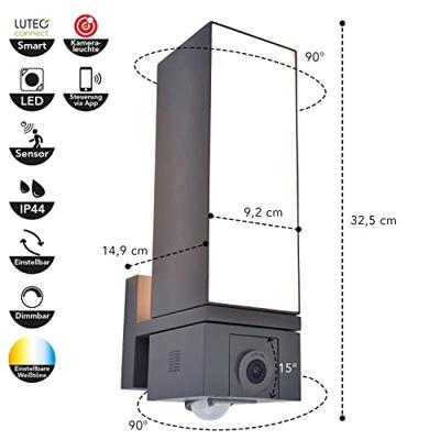 Cuba Led-cameralamp, verstelbare buitenlamp, 90 graden draaibaar, antraciet, met bewegingsmelder en camera, bewakingscamera full-HD en intercominstallatie, incl. 16 GB SD-kaart, compatibel met Alexa