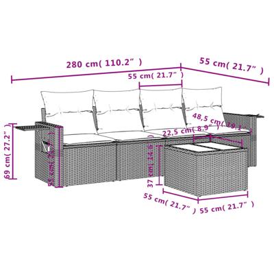 5-delige Loungeset met kussens poly rattan zwart - thumbnail