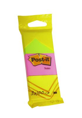 Post-it Notes, 100 vel, ft 38 x 51 mm, blister van 3 blokken in neongeel, guava roze en neongroen