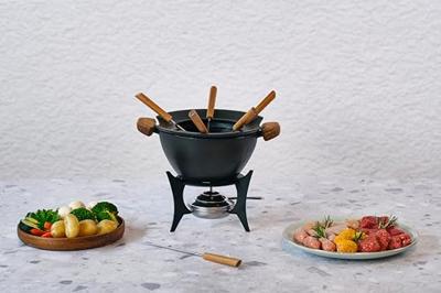 Fondueset Gietijzer/Zwart/Hout