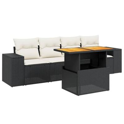 5-delige Loungeset met kussens poly rattan zwart