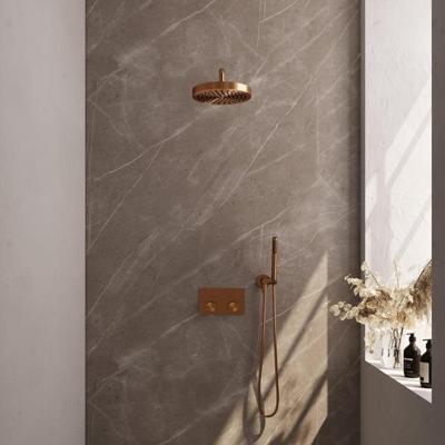 Brauer Stripe thermostatische inbouw regendouche met drukknoppen SET 26 met 25 cm douchekop en gebogen muurarm en staaf handdouche en doucheslang en wandaansluitbocht koper geborsteld PVD