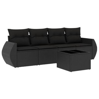 5-delige Loungeset met kussens poly rattan zwart