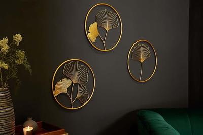 Elegante wanddecoratie set van 3 GINKGO 40cm goud in filigrane bladvorm - 41273