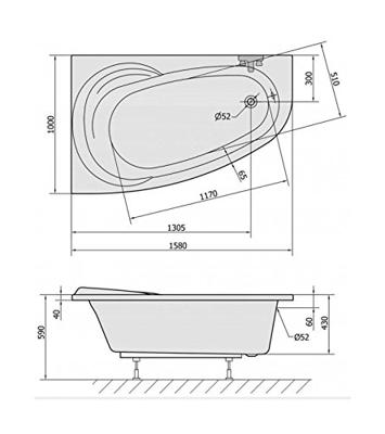 Ligbad Polysan Viva 170x75x60 cm Asymmetrisch Rechts Wit Polysan