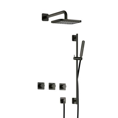 Hotbath Gal - Inbouw Regendoucheset - Geborsteld Gunmetal PVD - 2 Stopkranen - Thermostatisch - Wandarm 35 cm - Hoofddouche 220 mm - Staafhanddouche - Glijstang 900 mm - V02