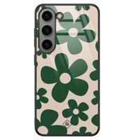Samsung Galaxy S23 glazen hardcase - Retro flowers groen - thumbnail