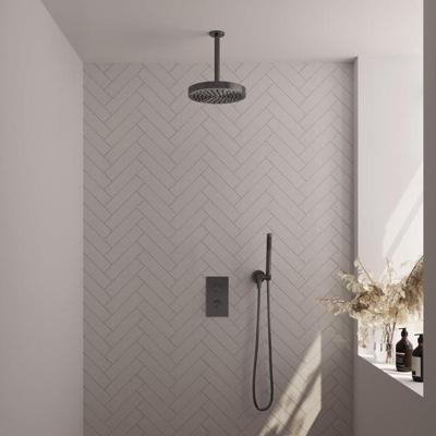 Brauer Stripe thermostatische inbouw regendouche 3-weg rechthoekig SET 15 met 25 cm douchekop en plafondarm en staaf handdouche en doucheslang en wandaansluitbocht gunmetal geborsteld PVD