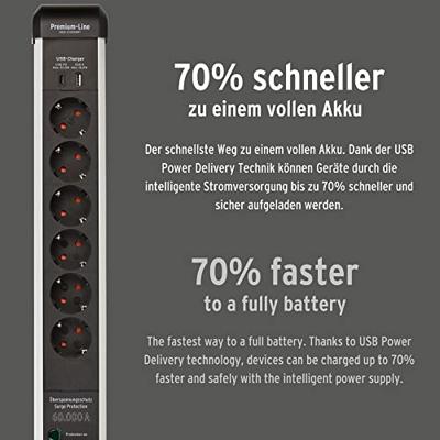 Brennenstuhl Premium-Protect-Line 60.000A stekkerdoos met overspanningsbeveiliging en Power Delivery USB 6-voudig - 1391010620 - thumbnail