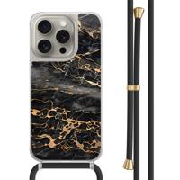 iPhone 15 Pro hoesje met zwart koord - Marmer grijs brons - thumbnail