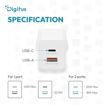 Digitus DA-10302 USB-oplader 45 W 1x USB-A, 1x USB-C Wit Digitus DA-10302 USB-oplader 45 W 1x USB-A, 1x USB-C Wit