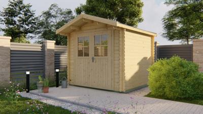 Blokhut Gitte 260x260 cm + luifel 70 cm - Groen geïmpregneerd- Zadeldak- Geïmpregneerd vurenhout- Tuindeco Blokhut Gitte 260x260 cm + luifel 70 cm - Groen geïmpregneerd- Zadeldak- Geïmpregneerd vurenhout- Tuindeco