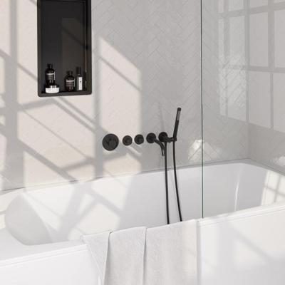 Brauer Stripe thermostatische inbouw badkraan SET 01 met uitloop en staaf handdouche en doucheslang en wandaansluitbocht mat zwart