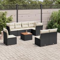 9-delige Loungeset met kussens poly rattan zwart - thumbnail