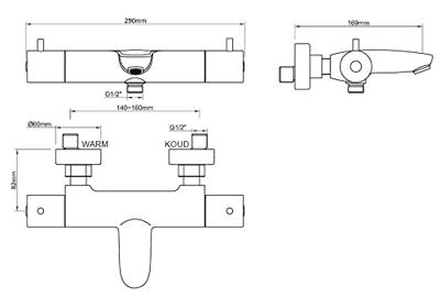 Badkraan Wiesbaden Caral | Opbouw | Thermostaatkraan | 2-weg | hoh 15 cm | 2-knops | Rond | Chroom