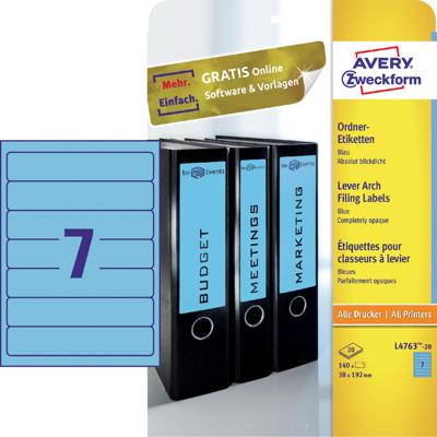 Avery Zweckform L4763-20 ordnerrugetiketten ft 19,2 x 3,8 cm (b x h), 140 etiketten, blauw Avery Zweckform L4763-20 ordnerrugetiketten ft 19,2 x 3,8 cm (b x h), 140 etiketten, blauw