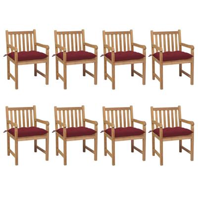 Tuinstoelen 8 st met wijnrode kussens massief teakhout