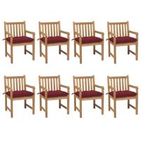 Tuinstoelen 8 st met wijnrode kussens massief teakhout - thumbnail