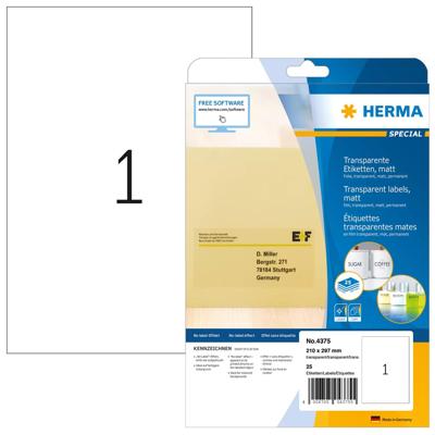 Herma 4375 Folie-etiketten 210 x 297 mm Polyester folie Transparant 25 stuk(s) Permanent hechtend Laser (kleur), Laser (zwart/wit), Kopiëren (kleur), Kopiëren