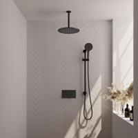 Zwarte thermostatische inbouw regendouche SET 72 met 30 cm douchekop en plafondarm, 3-standen handdouche, doucheslang en glijstang - thumbnail
