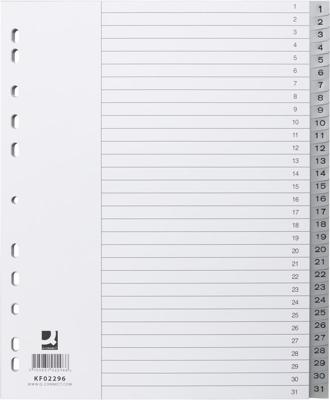 Q-CONNECT tabbladen, A4, PP, 11-gaatspeforatie, met indexblad, set van 1-31, 31 tabs, grijs