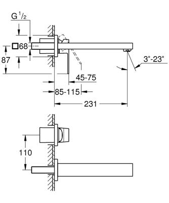 Wastafelmengkraan GROHE Eurocube 2-Gats Wand 230 Mm Hard Graphite Geborsteld