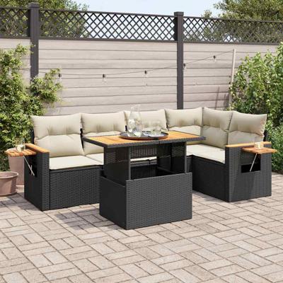 6-delige Loungeset met kussens poly rattan acacia zwart