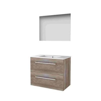 Basic-Line Ultimate 46 Badkamermeubelset - 80 x 46 cm - Met Grepen - 2 Lades - Keramische Wastafel - 1 Kraangat - Spiegel met Indirecte LED Verlichting - Scotch Oak