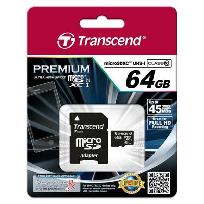 Transcend Premium microSDXC-kaart 64 GB Class 10, UHS-I Incl. SD-adapter