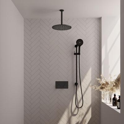 Zwarte thermostatische inbouw regendouche SET 72 met 30 cm douchekop en plafondarm, 3-standen handdouche, doucheslang en glijstang