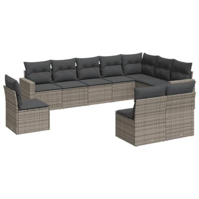 10-delige Loungeset met kussens poly rattan grijs