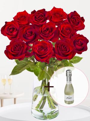 Valentijnsboeket - 12 rode rozen EverRed - Incl. prosecco 0,2l