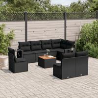 9-delige Loungeset met kussens poly rattan zwart - thumbnail
