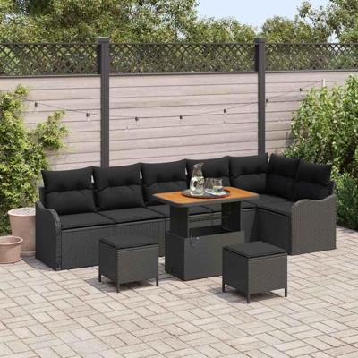 Tuinbankenset met kussen 9 pcs Zwart poly rattan