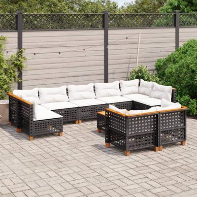 9-delige Loungeset met kussens poly rattan zwart